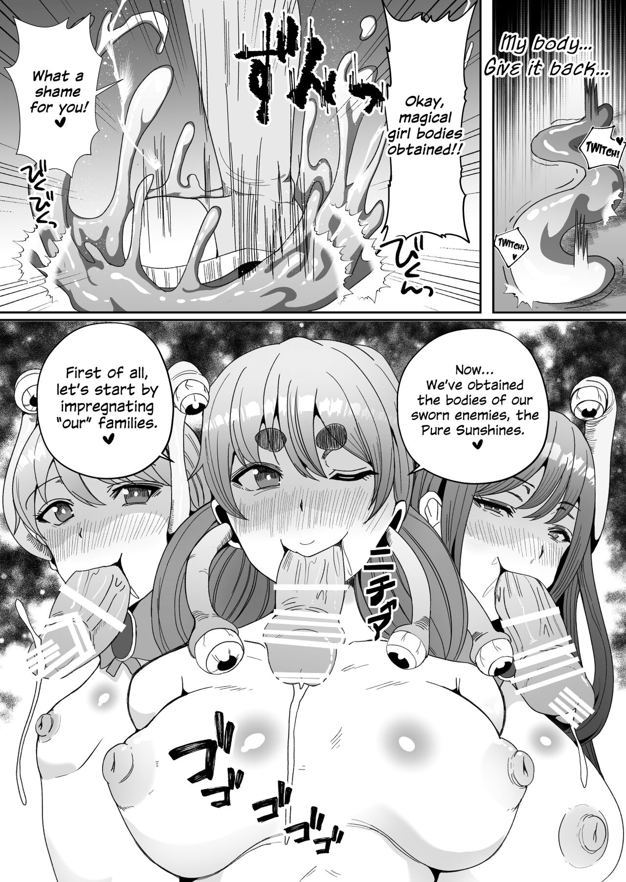 [Icchao Murasakiimoren new] Chinpo ni Kiseisare Kintama ni Jinkaku o Utsusareta Mahou Shoujo | Magical Girls Who Got Infested by Parasite Cock and Had Their Personalities Transferred Into Their Testicles [English] {Hennojin} image number 38