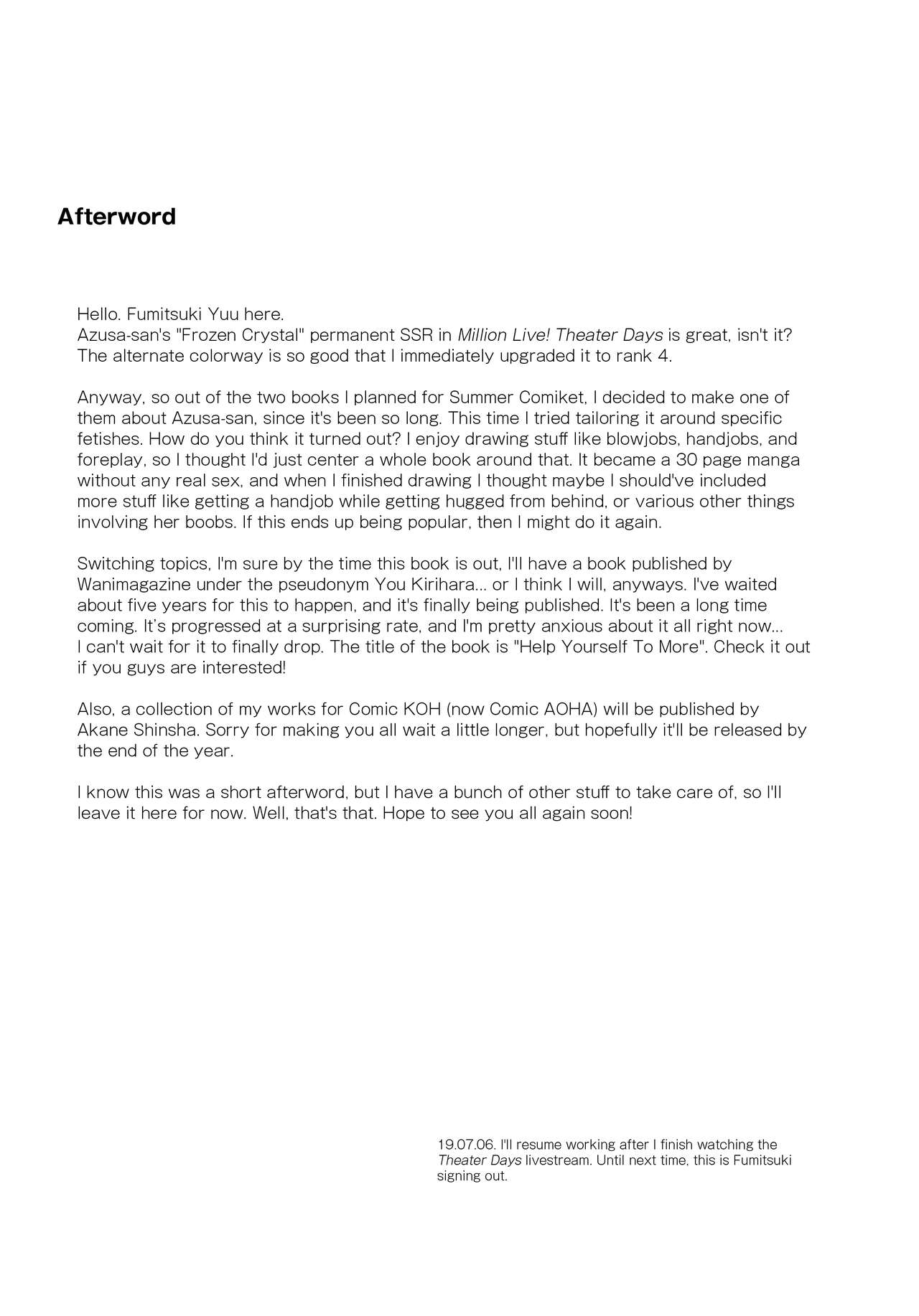 (C96) [Aimasutei (Fumitsuki Yuu)] Azusa-san ga Te to Kuchi dake de Shite Kureru Hon (THE IDOLM@STER) [English] [korafu + head empty] image number 32