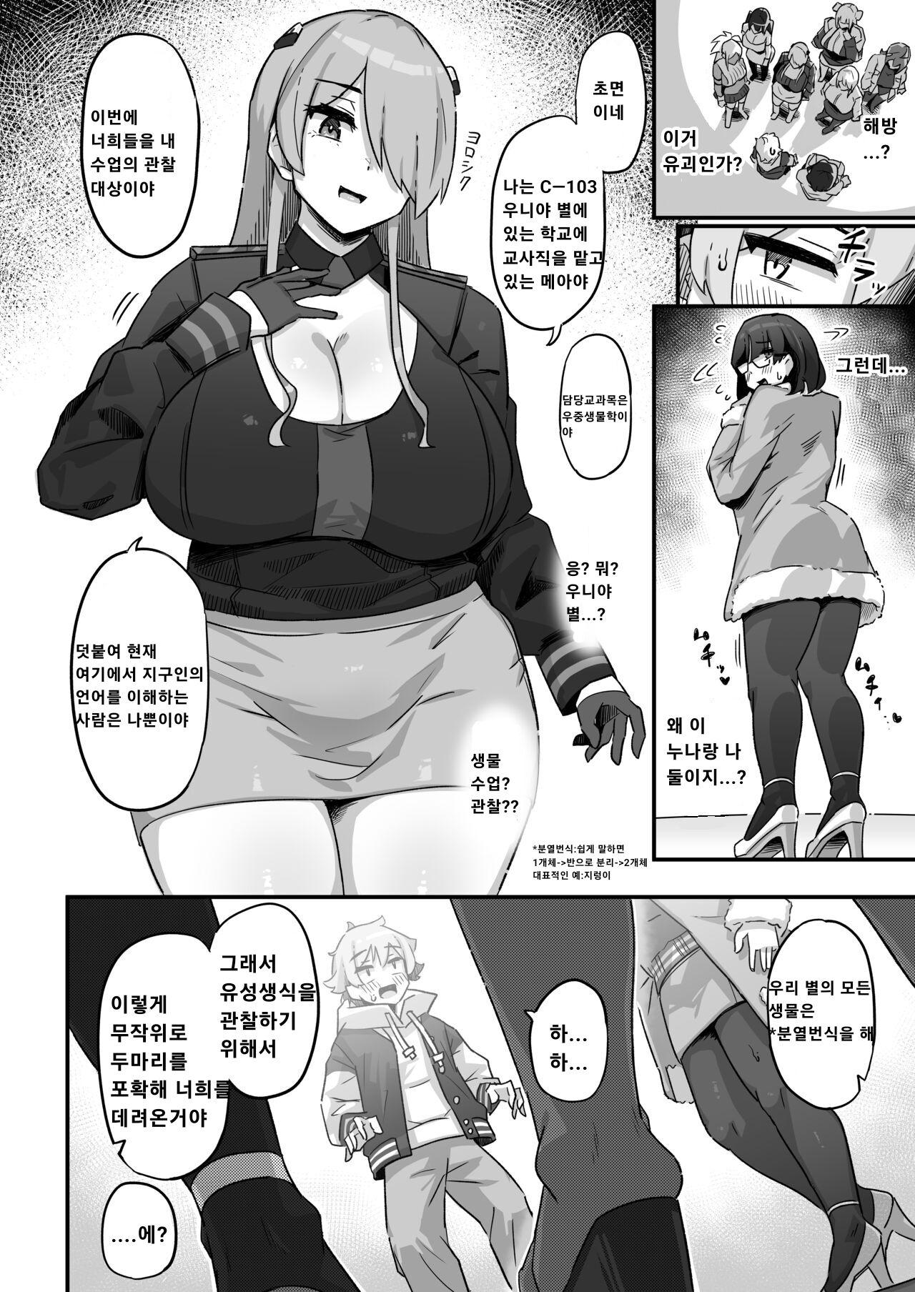 [Uniyaa (Ikinari Mojio)] Kyou no Jugyou wa, Chikyuujin no Hanshoku Katsudou no Kansatsu desu. - Today's lesson is observation of the breeding activities of earthlings.  [Korean] [Digital] image number 7