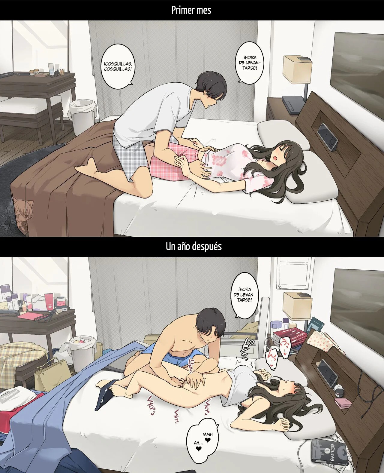 [Wakamatsu] Dousei Seikatsu Ikkagetsume to Ichinen Ato, Asaokite kara Shuushin made no Hikaku | A Day in the Life of a Couple: Their First Month Living Together vs. One Year Later [Spanish] [Hanazono] imagen número 2