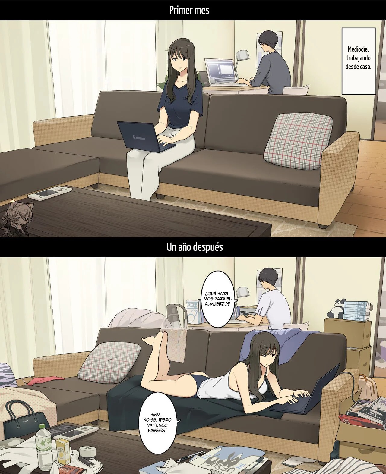 [Wakamatsu] Dousei Seikatsu Ikkagetsume to Ichinen Ato, Asaokite kara Shuushin made no Hikaku | A Day in the Life of a Couple: Their First Month Living Together vs. One Year Later [Spanish] [Hanazono] imagen número 6