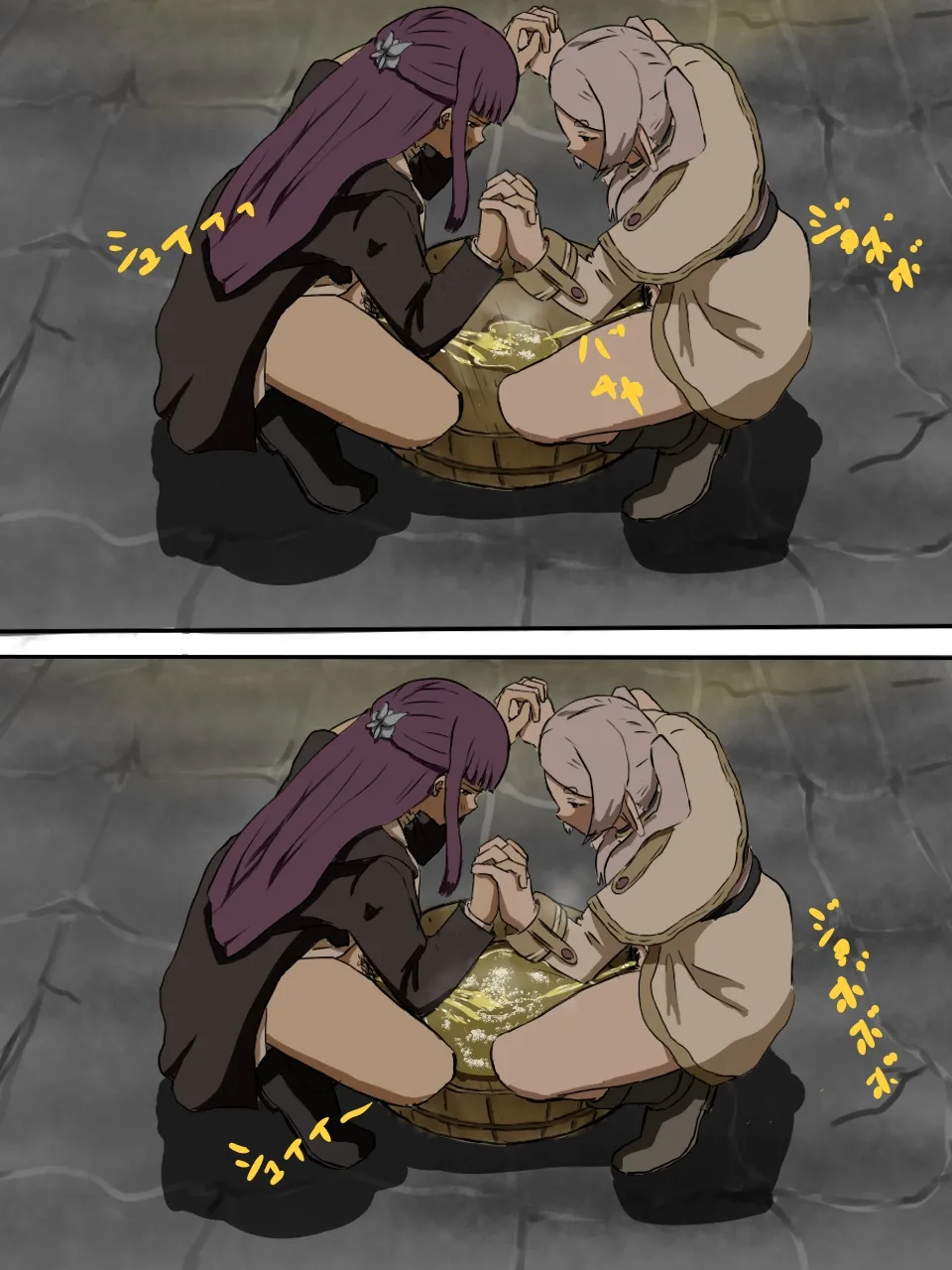 Frieren and Fern collecting urine in a wooden bucket numero di immagine  5