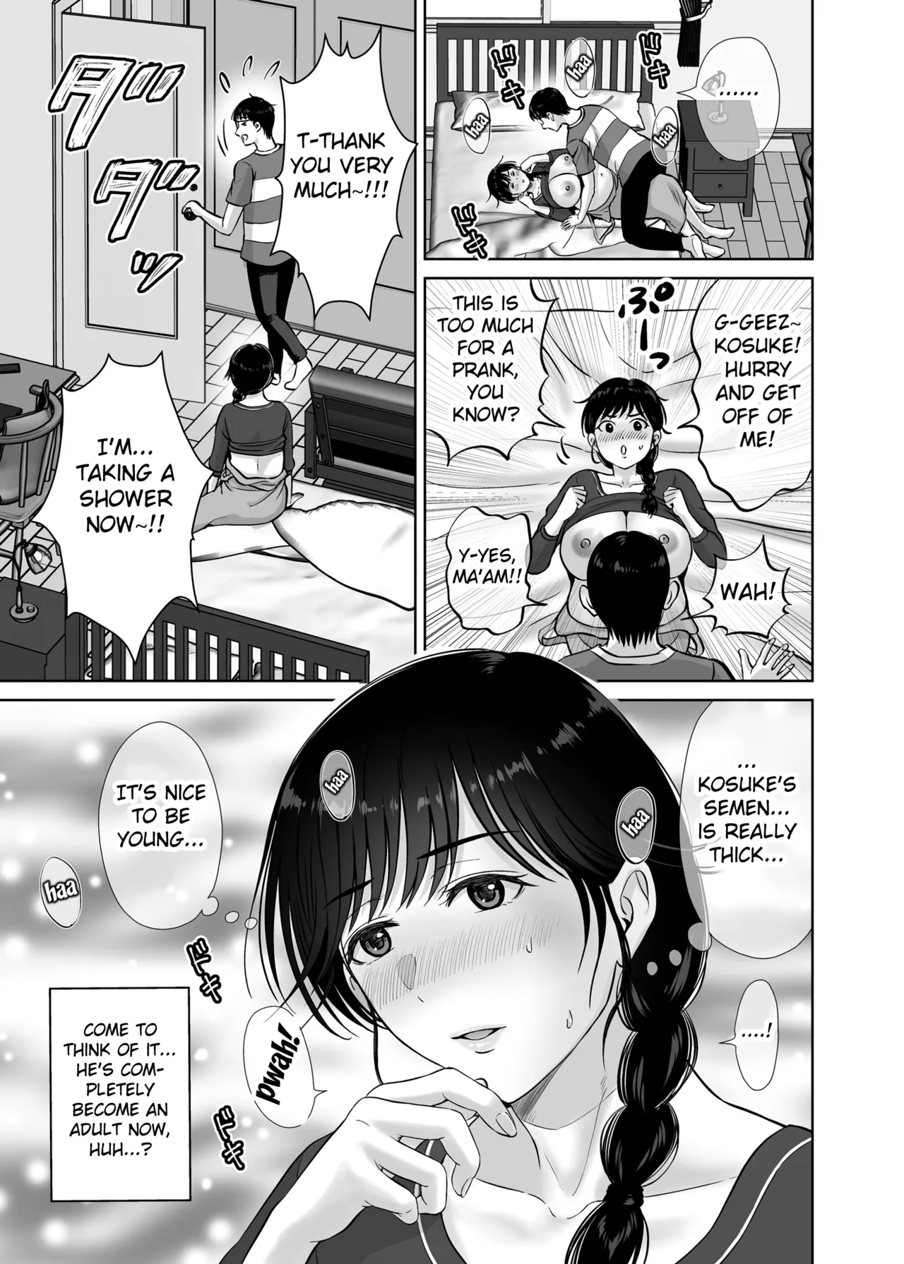 [Melon no Hoshiboshi (Hoshiduki Melon)] Kyonyuu Kaa-san ga Boku no Me mo Mae de 2 ~Bonyuu Mamire de Ikimakutta Hanashi~ [Digital] (english) (Fated Circle) Bildnummer 46