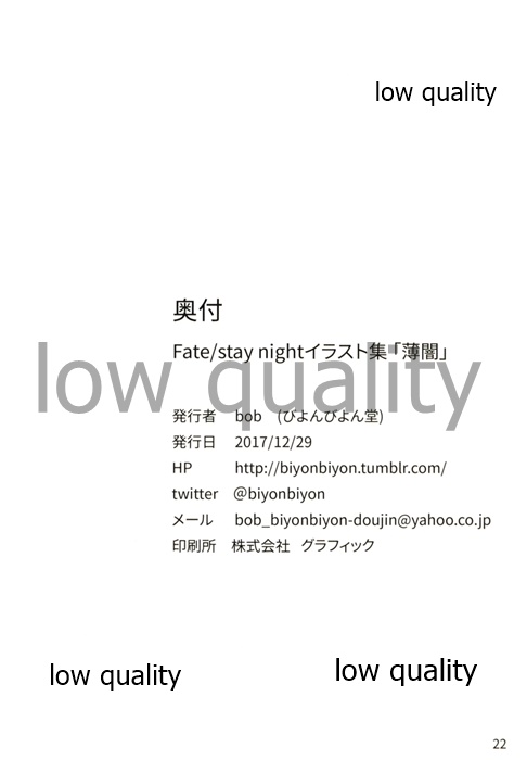 (C93) [びよんびよん堂 (bob)] Fate/stay night イラスト集 「薄闇」 (Fate/stay night) image number 19