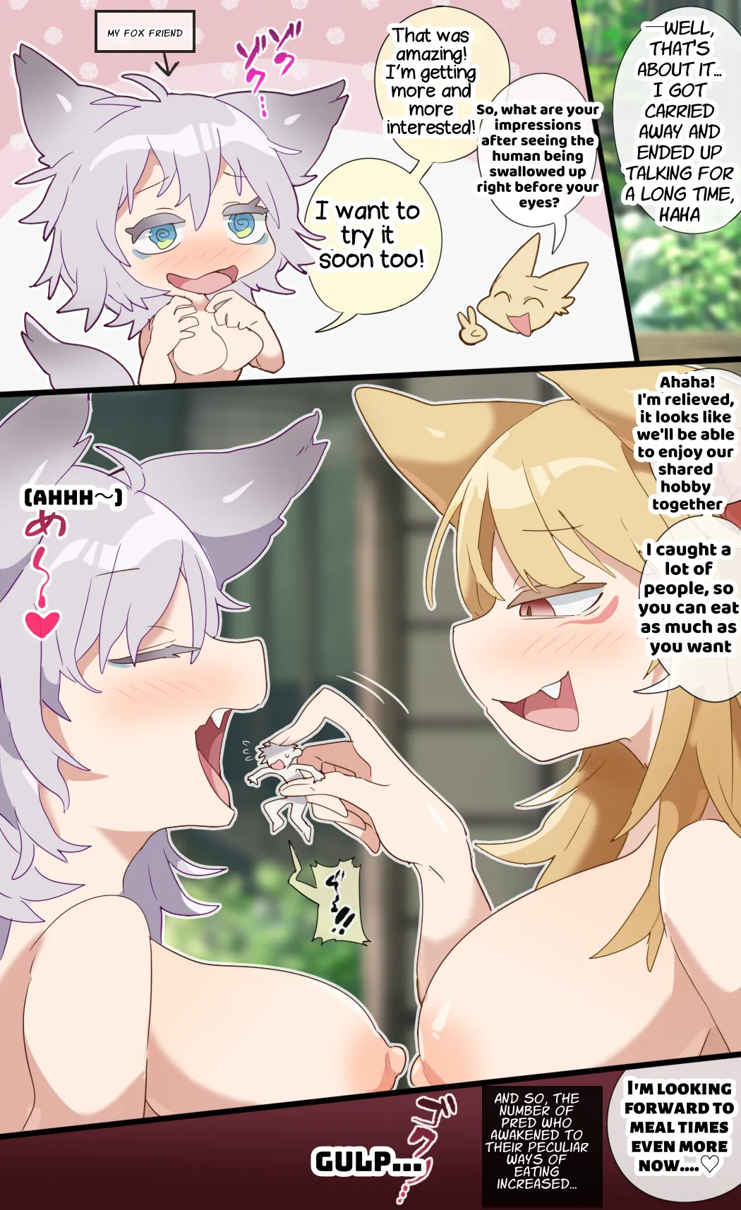 [imaat] A giant fox girl swallows humans whole while reviewing food in a vore manga [English/Japanese] numero di immagine  7