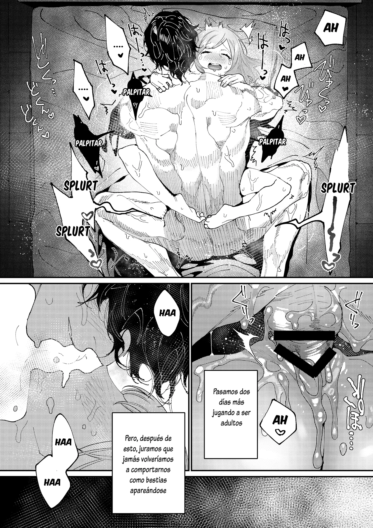 [Aizawa Seinikuten (Aizawa Anji)] Kuma to Tora ~Taikakusa Osananajimi no Hajimete kara, Kemono ni Naru 2-kakan made~[Spanish] [Lovely Diablesse Scan] image number 64