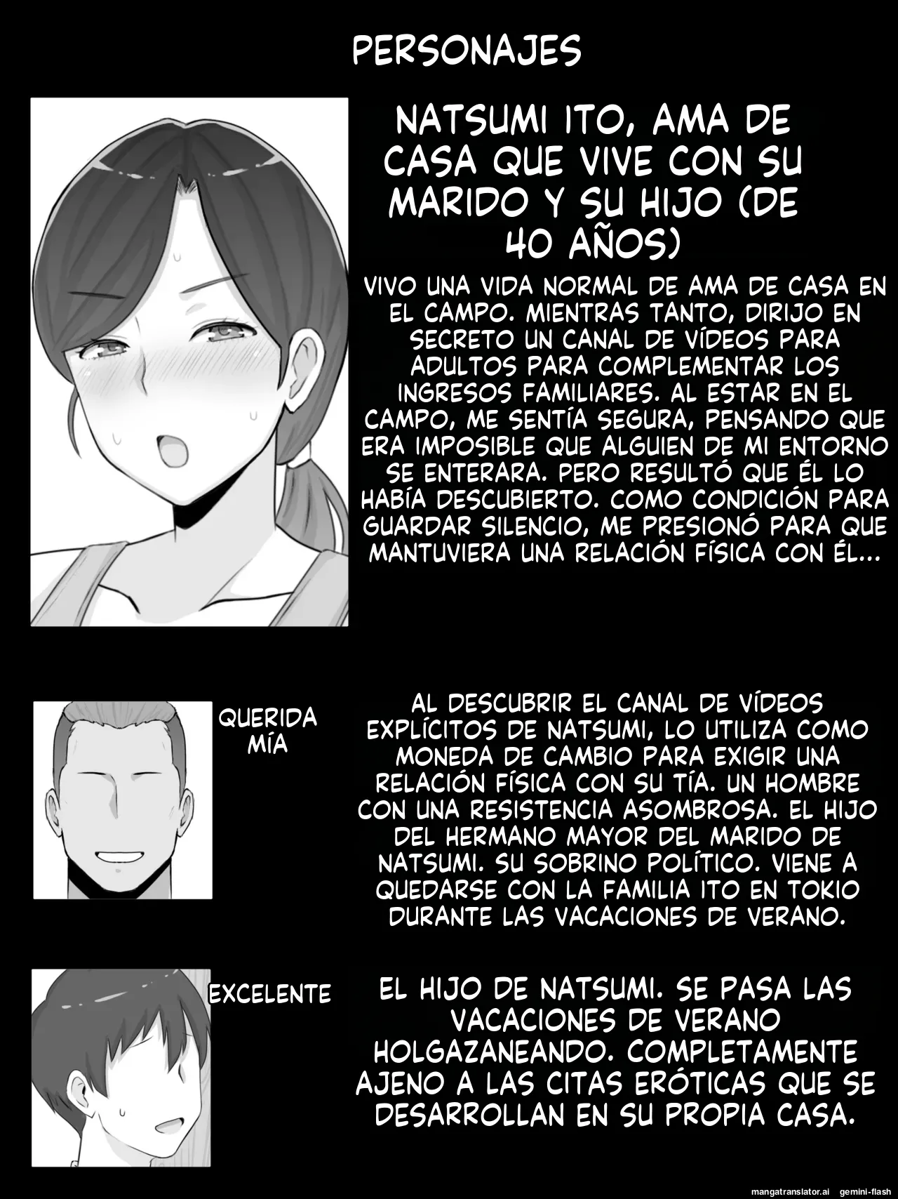 Iinari Kyonyuu Haha Natsumi (40) Oi ni Eroi Fukugyou ga Barete Kuchidome Koubi Shiteimasu (Spanish) MTL image number 2