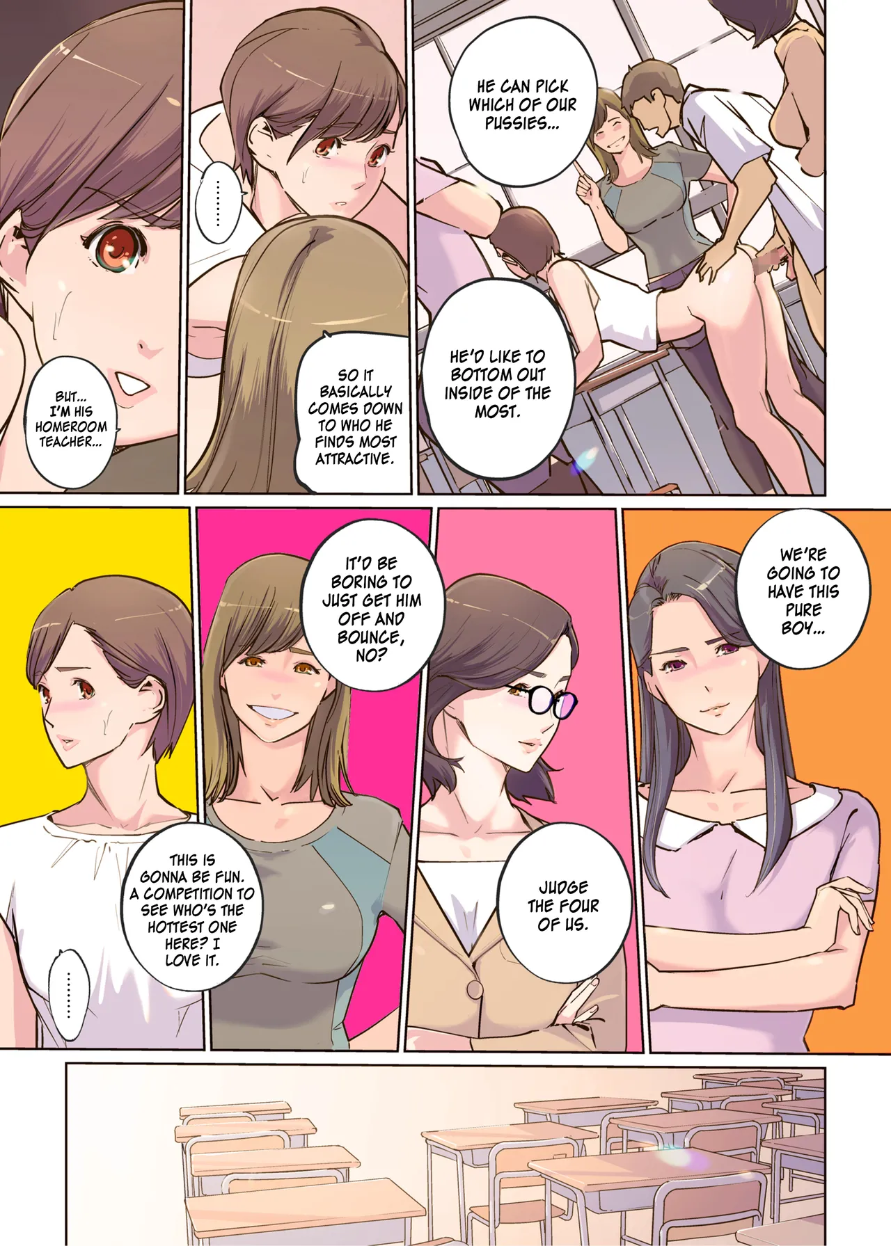 [C.N.P (Clone Ningen)] Onna Kyoshi 4-nin no Hatenaki Mesu Bato | Erotic Fight Between Four Monster Female Teachers [English] [Kinsei Translations] image number 15