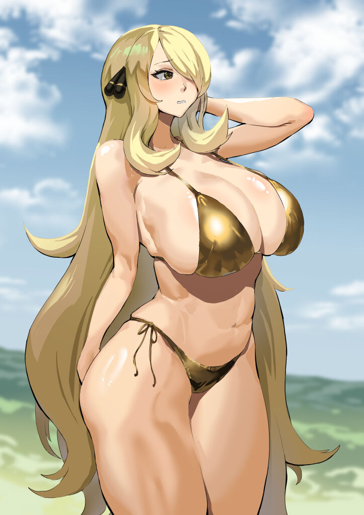 [Takezumi Ero] Cynthia is embarrassed to wear a gold bikini (Pokemon) image number 1