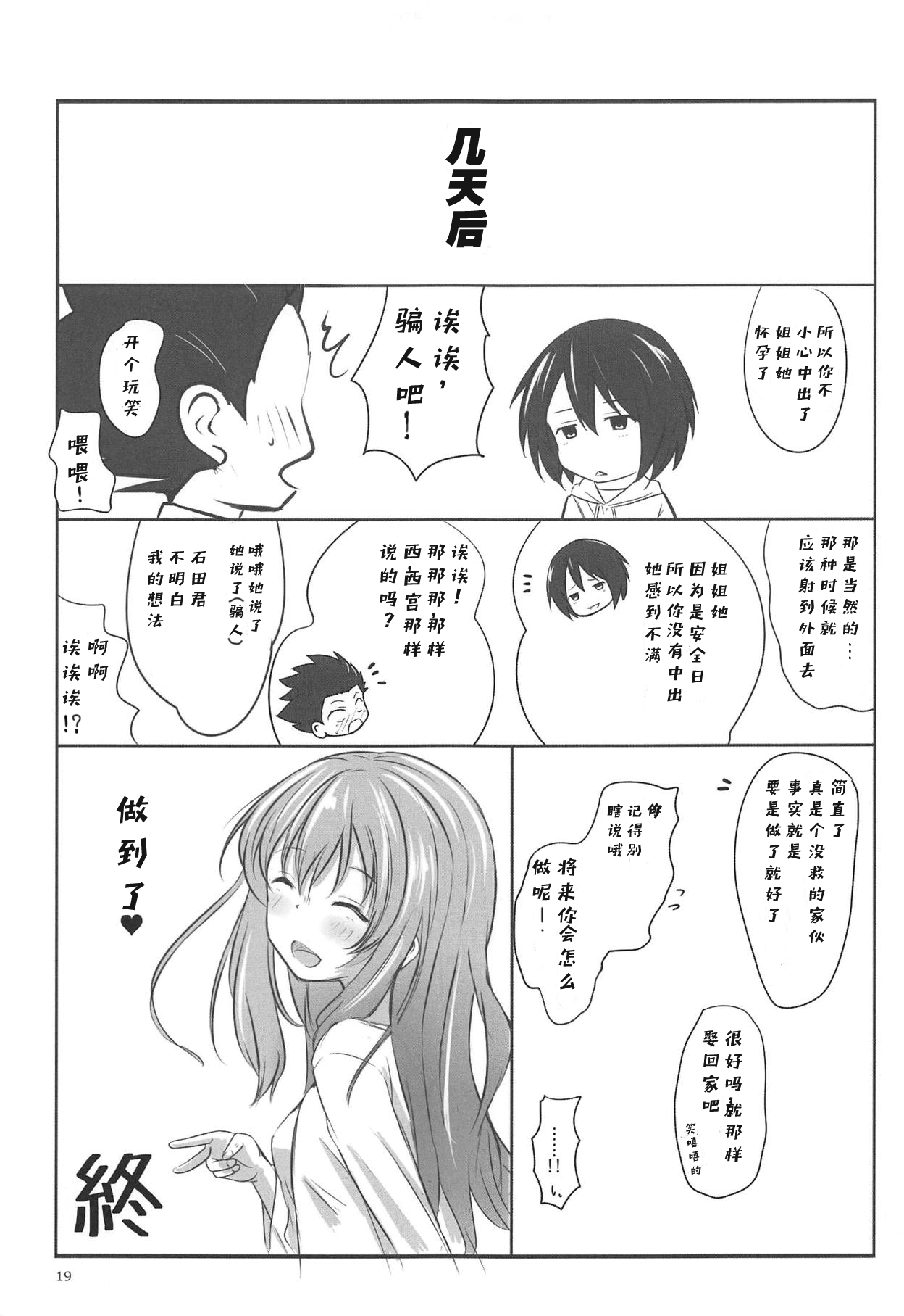 (C91) [Omocha Kaden (Beni Bana)] Shoutan to Shoutan (Koe no Katachi) [Chinese] [天鱼个人汉化] image number 17