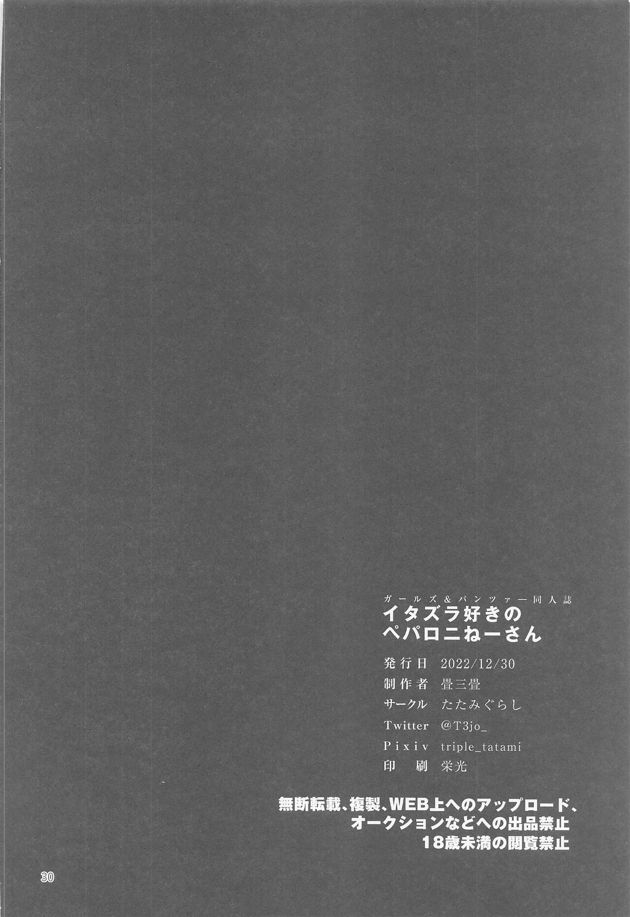 (C101) [Tatami Gurashi (Tatami Sanjou)] Itazura Suki no Pepperoni Nee-san (Girls und Panzer) [Chinese] image number 29