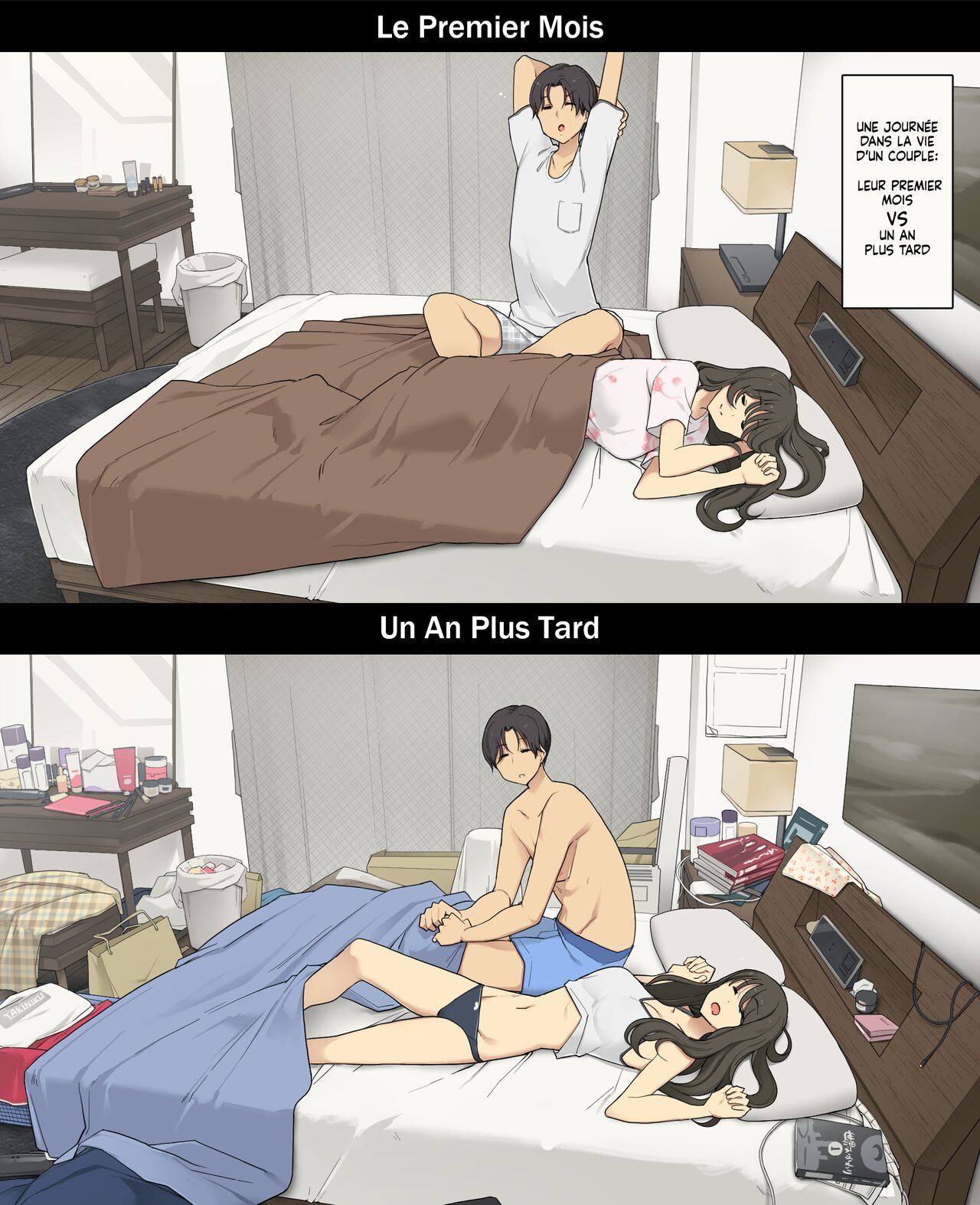 [Wakamatsu] A Day in the Life of a Couple: Their First Month Living Together vs. One Year Later | Une journée dans la vie d'un couple : Premier mois vs un an plus tard [French] [Histoire d'Hentai] première image